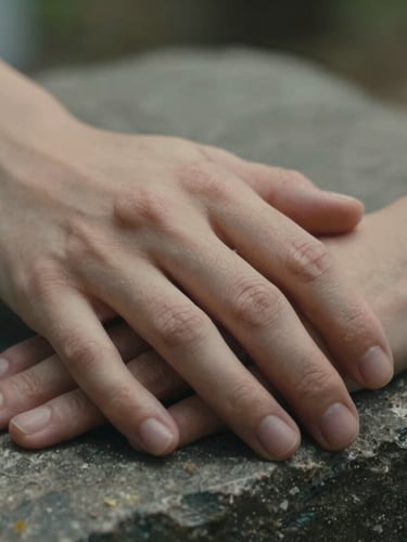 Extreme close-up of two hands resting gently on a rough-hewn stone surface, soft diffused side light, emphasizing quiet human connection.