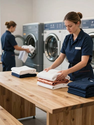 A clean, modern London laundry facility with professional wet-cleaning machines, staff in navy uniforms folding crisp garments on a large wooden table under soft natural light.