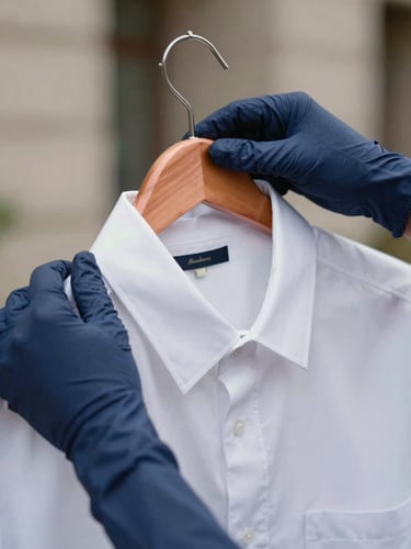 Close-up of hands in navy gloves placing a freshly pressed white shirt onto a copper hanger, soft natural daylight, shallow depth of field, 35mm