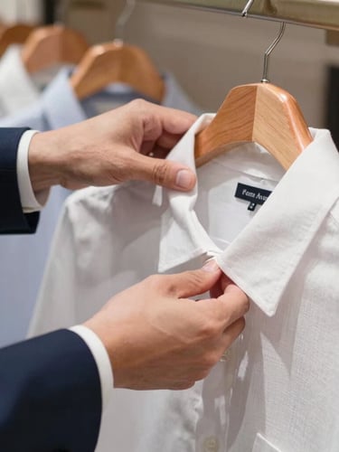 Editorial medium close-up of hands in crisp navy cuffs carefully inspecting a white linen shirt under bright daylight, copper hangers in the soft-focus background, 35mm.