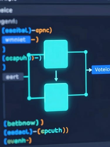 Macro close-up of dark-mode IDE displaying clean, glowing cyan and blue code blocks, high-contrast, futuristic 3d render style