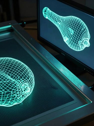 Macro photography of a glowing vector wireframe displayed on a dark studio monitor, overlapping a physical screen-printing mesh texture, moody low-key lighting with sharp electric teal rim lights.