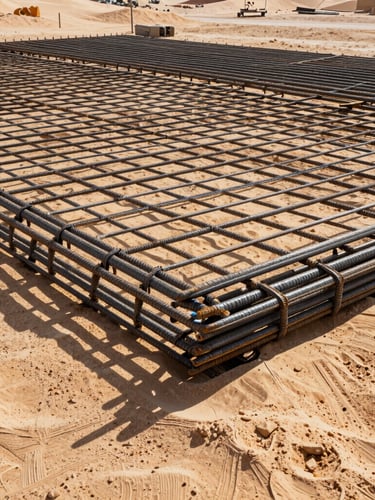 Close-up of a massive reinforced steel rebar foundation grid on a Saudi desert job site, harsh direct sunlight casting heavy geometric shadows