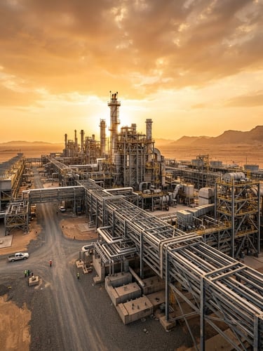 Wide-angle architectural shot of a massive industrial facility in Saudi Arabia under high-contrast golden hour sunlight, steel structures and concrete foundations visible, expansive desert sky.