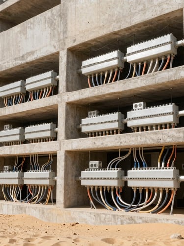 Close-up of complex electrical conduits and fiber optic cabling integrated into a concrete structural wall, crisp industrial lighting, high-contrast steel and warm sand tones.