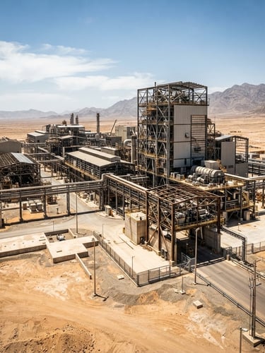 Wide-angle architectural shot of a massive industrial facility under high-contrast desert sunlight, steel beams and concrete foundations, modern engineering aesthetic.
