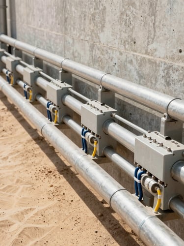Close-up of complex electrical conduits and fiber optic lines running parallel along a concrete wall, crisp cool industrial lighting, sharp technical precision