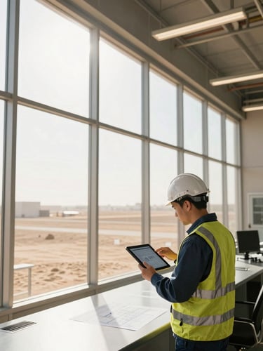 An engineer in high-visibility gear and safety helmet reviewing a digital blueprint on a tablet inside a high-tech control room, harsh sunlight streaming through high windows.