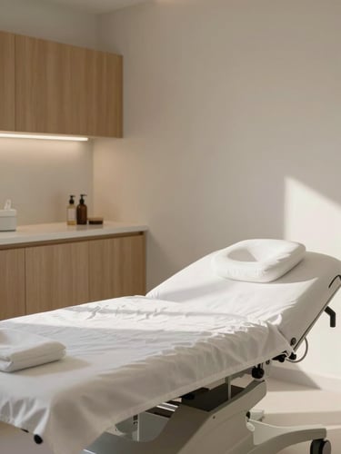 Serene Scandinavian-style clinical treatment room, soft natural daylight, pristine treatment table with clean linen, minimalist oak cabinets, clinical sterility