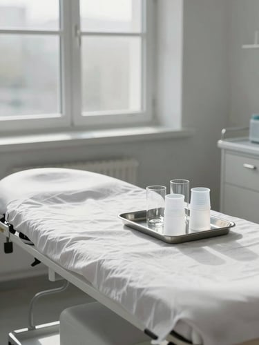 A minimalist, Scandinavian-style clinical treatment room with soft, natural north-facing daylight. A pristine treatment table with crisp white linen sits under a large window. Clean glass and silicone cups are neatly arranged on a stainless steel tray.