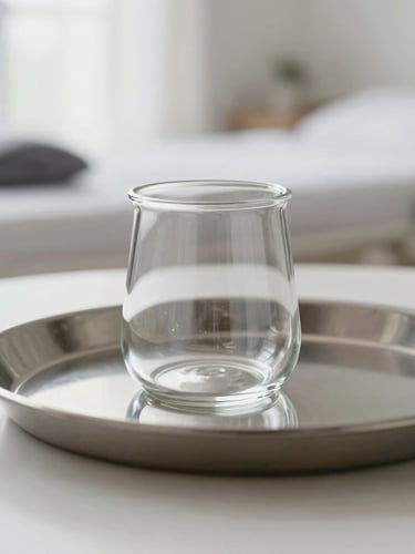 Elegant macro shot, soft diffused natural daylight. A pristine, single-use glass therapy cup sits on a clean, sterile stainless steel tray, reflecting a minimalist Scandinavian-style treatment room in the background.