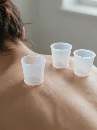 Elegant macro shot of clear silicone cups applied to an athlete's back, soft natural daylight emphasizing clean skin and precise placement, clinical-editorial style.