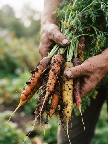 Close-up of weathered hands holding a bundle of freshly harvested heirloom carrots with dark soil clinging to the roots, soft Scandinavian morning light, shallow depth of field, 35mm film.