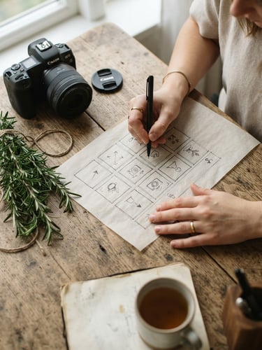 Overhead shot of a rustic wooden planning table in soft Scandinavian daylight, hands sketching a social media grid on parchment paper, fresh rosemary sprigs and a camera lens nearby, shallow depth of field, 35mm film.