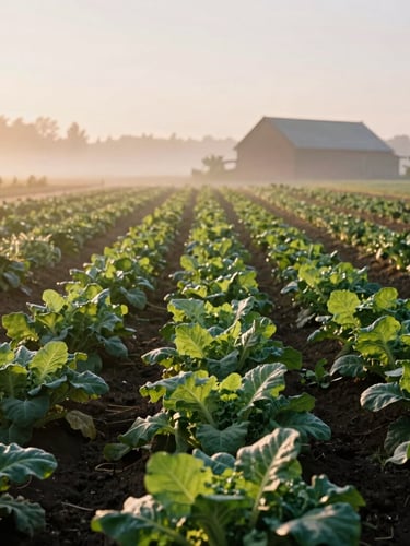Wide environmental shot of a misty organic farm at sunrise, rows of leafy greens stretching toward a distant barn, soft golden hour light, high-contrast shadows, 35mm film.