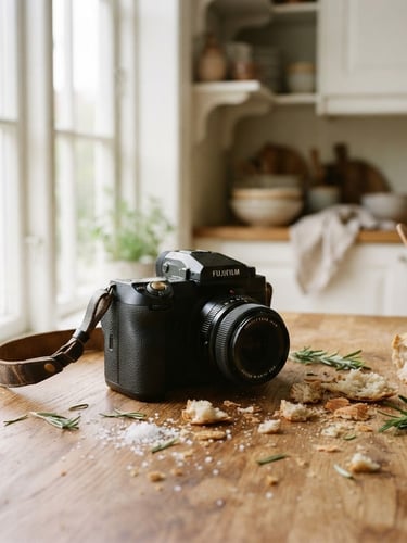 A professional camera on a wooden kitchen counter, soft Scandinavian window light highlighting fresh sourdough crumbs and rosemary, shallow depth of field, 35mm film.