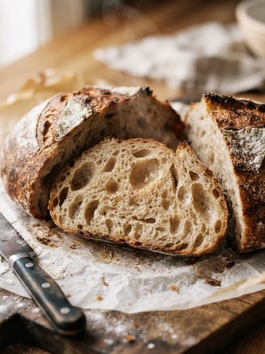 Close-up of a rustic sourdough loaf sliced open on a floured parchment paper, steam gently rising, soft Scandinavian morning daylight, rich organic textures, shallow depth of field, 35mm film.