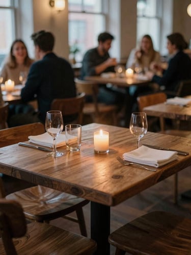 Cozy Scandinavian-style restaurant dining room at dusk, warm candlelight flickering on rustic wooden tables, guests laughing softly in the background, soft shadows, 35mm film.