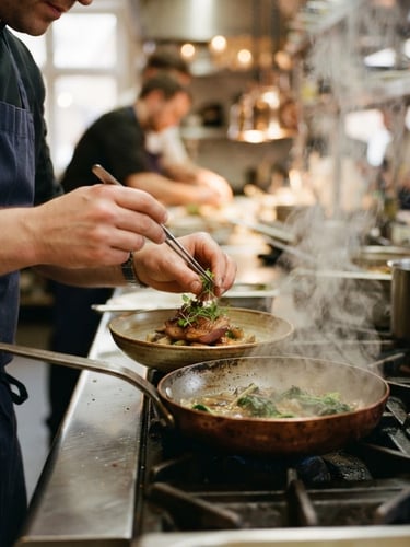 Close-up of steam rising from a copper pan on a busy restaurant line, chef's hands plating with tweezers, soft warm kitchen light, shallow depth of field, 35mm film.