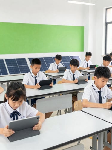 Modern classroom with students using tablets, powered by solar energy, bright natural daylight, crisp clean details, vibrant greens and whites, wide-angle environmental, high contrast.