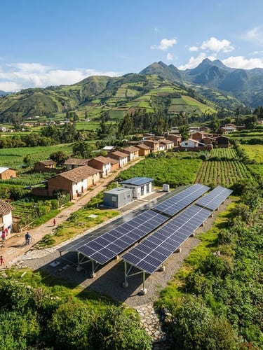 Wide panoramic environmental portrait of a modern solar microgrid installation, clean lines, integrated into a vibrant rural landscape with small homes and fields, bright natural daylight, high contrast, crisp clean details, vibrant greens and whites, wide-angle environmental.