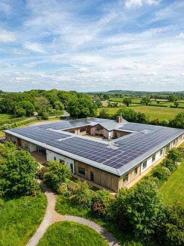 Wide shot of a clean, modern solar array on the roof of a rural school building, bright natural daylight, crisp details, vibrant greens and whites, low horizon, expansive sky, no people visible.