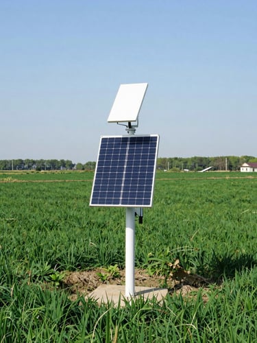 High-tech solar monitoring station in a rural agricultural landscape, clean modern sensors, bright natural daylight, vibrant greens, wide-angle environmental