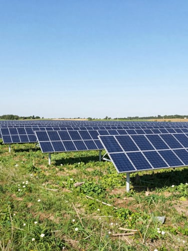 Wide-angle environmental portrait of a modern solar farm in a rural landscape at bright natural daylight, crisp clean details, vibrant greens and whites, high contrast, avoiding people.