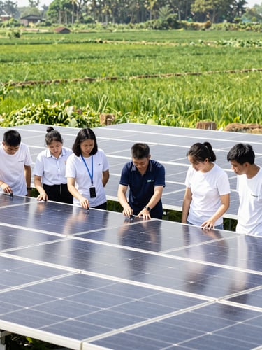 Portrait-oriented, high-contrast image of a technician training local community members on maintaining a solar panel array, bright natural daylight, crisp clean details, green agricultural fields in background, wide-angle environmental.