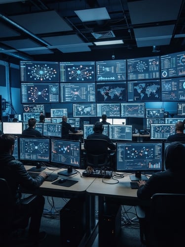 Wide shot of a secure operations room, multiple screens displaying complex blockchain data visualizations, cool-toned lighting, sharp focus on the data, no faces. Image bleeds to the right.
