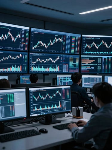 Cool-toned editorial photography of a secure modern operations room, multiple screens displaying complex financial data visualizations, low-key lighting, sharp focus, 35mm