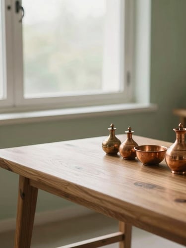 A clean, minimalist Ayurvedic treatment room with a solid wooden droni table, copper oil vessels, soft natural morning light filtering through a high window, pristine and sterile setup.