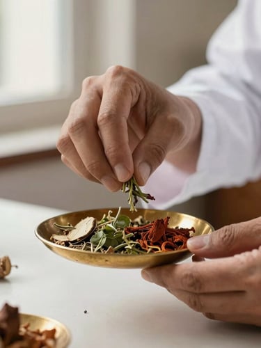 Close-up of a certified Ayurvedic physician's hands carefully measuring dried medicinal herbs and raw roots on a brass scale, warm soft window light, clinical workspace.