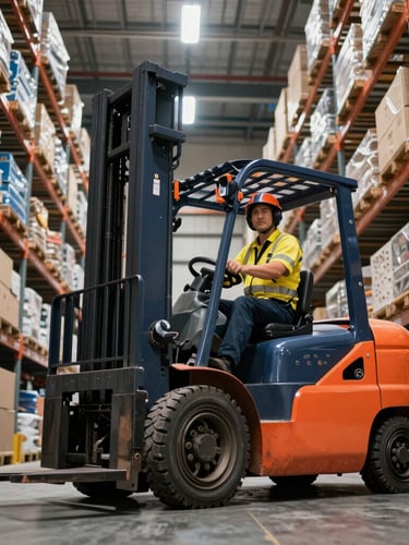 Low-angle heroic perspective of a certified forklift operator navigating clean, high-ceiling modern warehouse racks, warm safety lights, sharp focus, crisp industrial photography