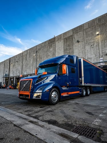 Low-angle heroic perspective of a modern fleet truck parked outside a massive concrete warehouse terminal under crisp morning sun, deep blue and safety orange tones.