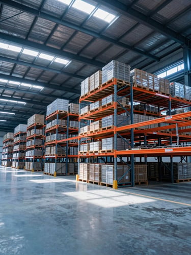 Wide-angle interior of a massive modern logistics warehouse, clean concrete floors reflecting light, high steel ceilings, organized tall orange racking systems, sharp daylight streaming in.