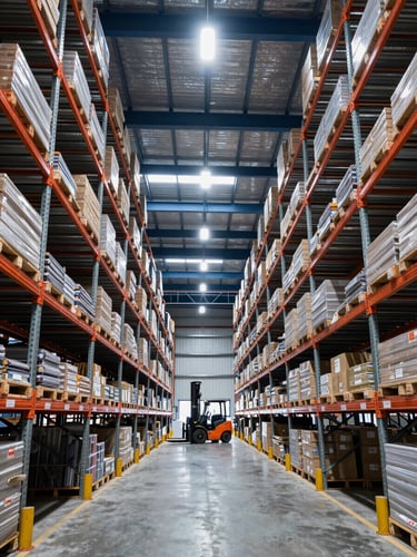 Wide-angle crisp industrial photography of a massive modern warehouse interior, organized tall steel racks under bright LED lights, a forklift in the distance