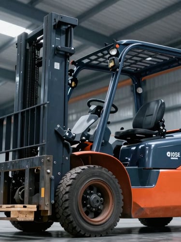Low-angle heroic shot of a modern orange forklift lifting a pallet in a clean, high-ceilinged warehouse, bright daylight streaming through skylights