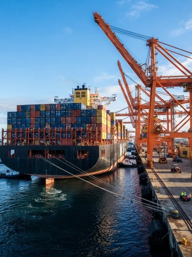 Low-angle heroic perspective of a modern cargo ship docked at a high-tech terminal, with orange safety cranes, crisp morning sun, deep blue water