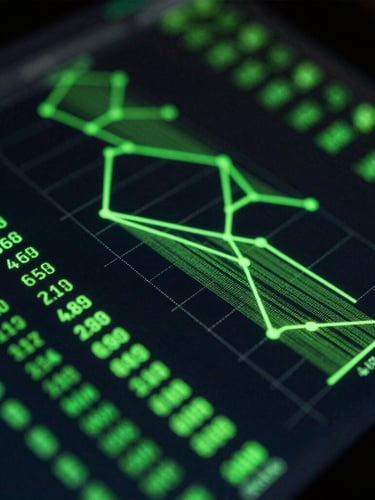 Macro close-up of a glowing digital ad dashboard on a dark screen, neon green data lines and charts, shallow depth of field, dramatic low-key lighting