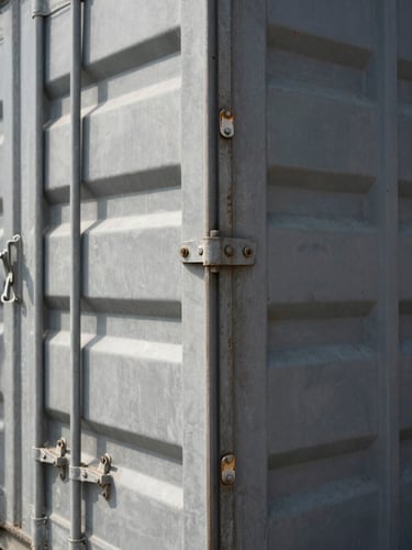 Tight macro shot of shipping container corner castings and heavy-duty door gaskets, harsh direct sunlight, industrial gray steel
