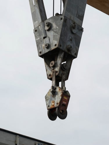 Tight macro shot of heavy-duty steel crane rigging attached to a container corner casting, desaturated tones, high-contrast overcast sky.