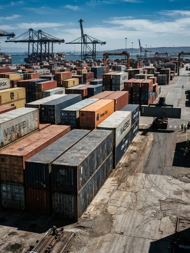 Rugged industrial photography of a massive shipping container yard, harsh direct daylight casting deep shadows, heavy steel textures, desaturated tones, wide-angle lens