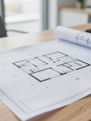 Close-up detail shot of architectural blueprints laid out on a clean wooden table in a bright, modern office, natural overcast daylight, 35mm lens
