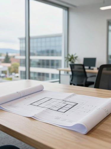 Bright modern office in Coeur d'Alene with blueprints on a clean wooden table, natural overcast daylight, architectural focus, 35mm lens