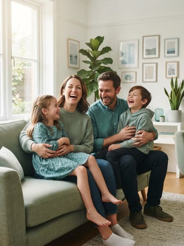 Clean environmental portrait of a family laughing in a sunlit living room, soft daylight, clinical teal and sage green tones, professional photography