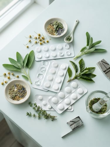Clean clinical flat-lay of white medical tablet blister packs and natural herbal medicine leaves on a soft sterile surface, bright daylight, clinical teal tone
