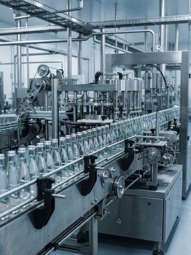 Crisp industrial photography, bright clean laboratory lighting, cool metallic tones, sharp focus on a stainless steel bottling line with glass bottles on a conveyor, 35mm