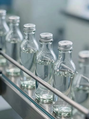 Close-up of clean glass bottles moving on a stainless steel conveyor belt, bright industrial highlights, sharp metallic reflections, 35mm