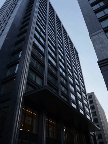 Wide environmental shot of an imposing high-end modern law office in deep navy and steel gray tones, dramatic low-key cool window lighting, sharp architectural lines, 35mm